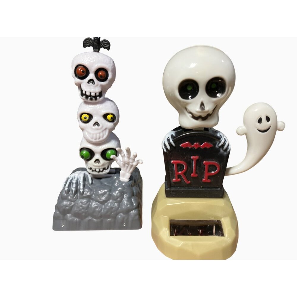 Halloween Solar-Powered Bobbleheads Set - Skeleton & Tombstone Design